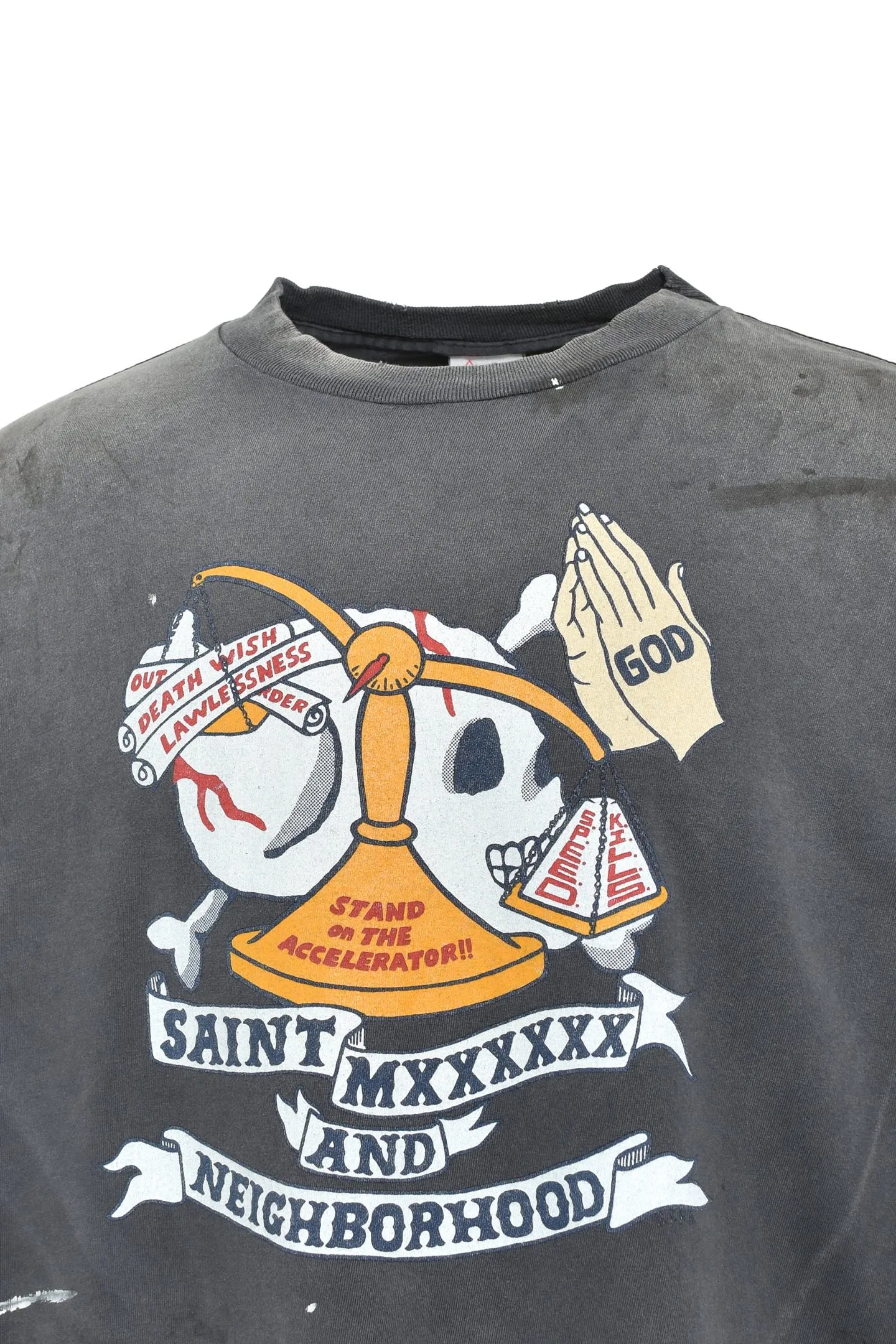 SAINT Mxxxxxx × NEIGHBORHOOD STHD . SS TEE PRAY/BLK NBHD Shinsuke Takizawa co-branded model Praying scale tee Washed black S-XL SAINT HOOD theme co-branded capsule series Garment dyeing Rewashing water fading Destroying graffiti Simulating natural distressed effect Top printing technology Washing treatment Correct version Customized joint main mark/wash mark/cherub mark
